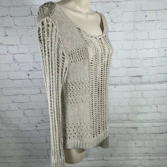 Free People Goccia Beige Multicolor Crop Cotton Linen Blend Open Knit Sweater S - Picture 2 of 8